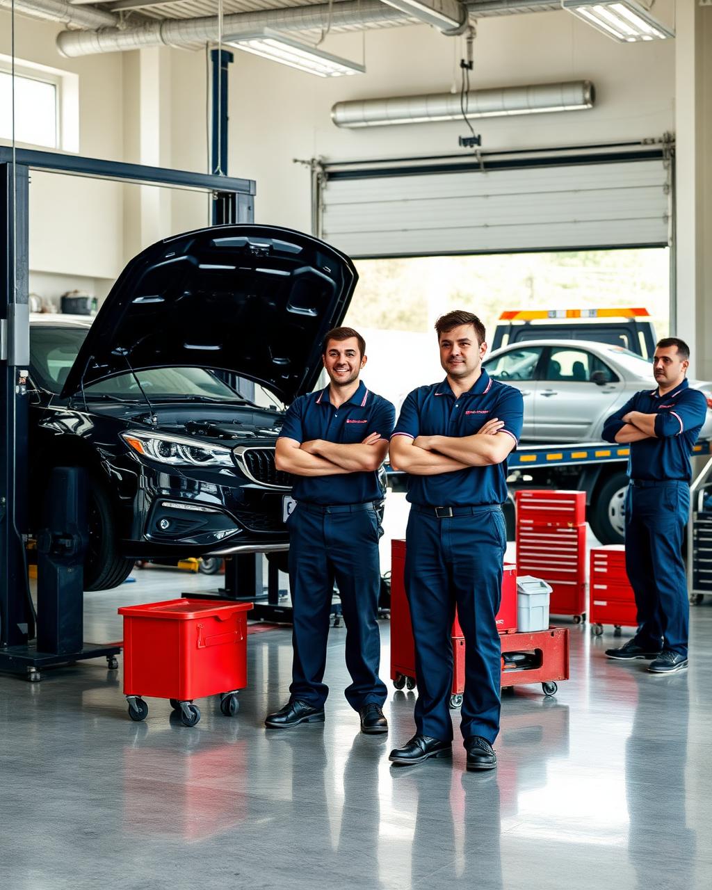 İstanbul Oto Destek teknik ekibi; liftte kaputu açık araç, servis ekipmanları ve arkada araç taşıyan oto çekici